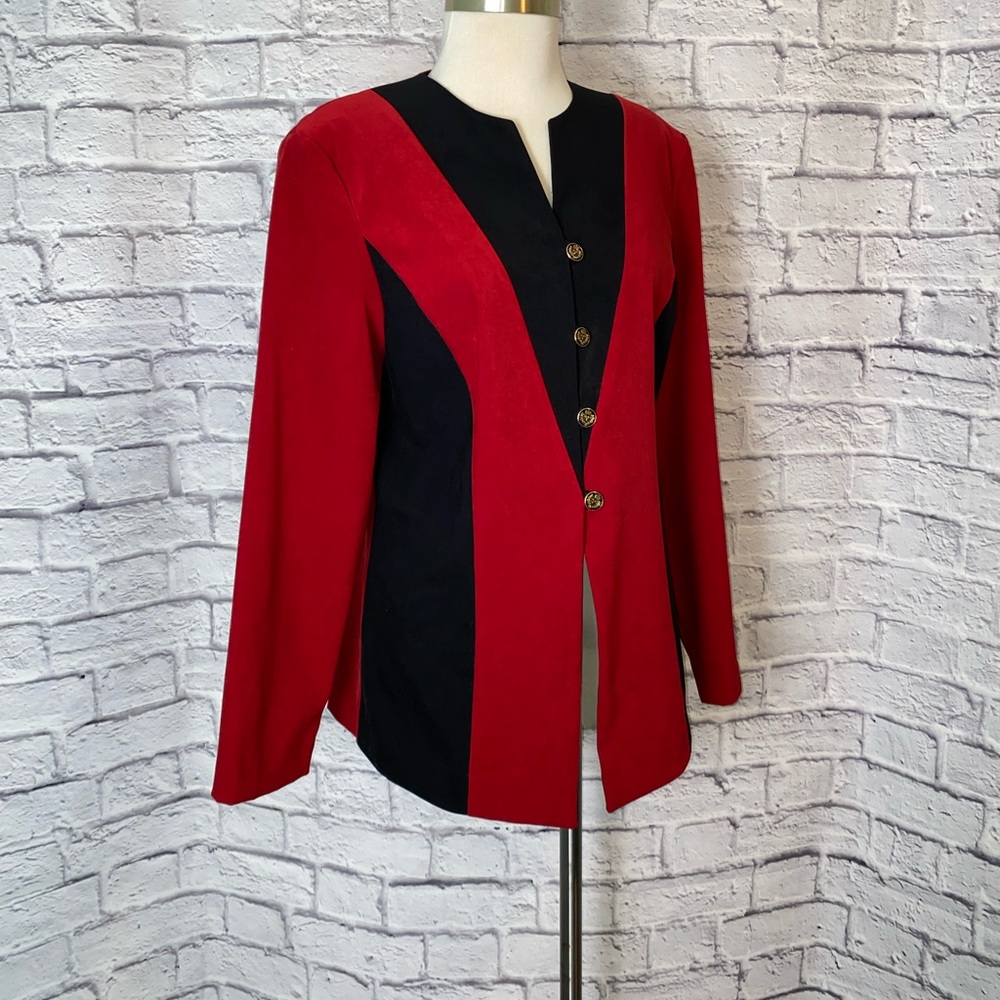 Vintage 🖤 Red / Black Longline Collarless Blazer. Women's Size Large.